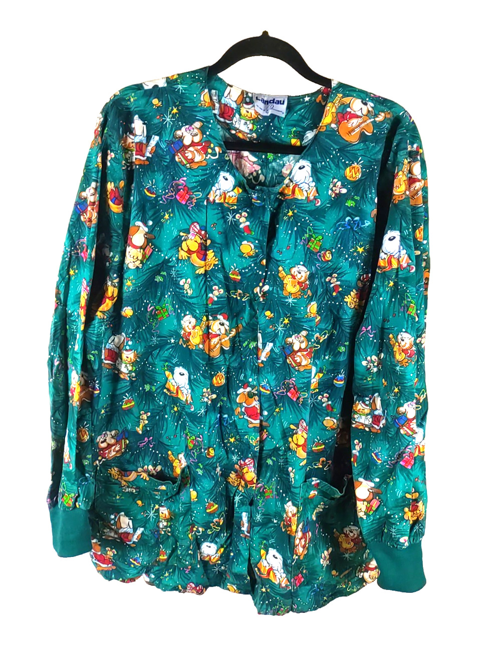 Vintage Landau Woman Scrub Jacket Size 1 X Christmas Dogs Cats Green Red Cotton